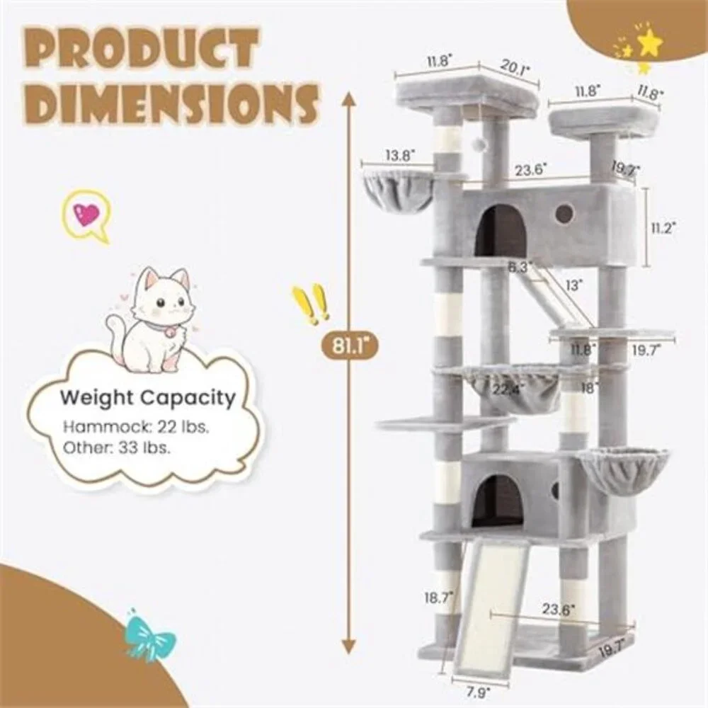 81in Multi-Level Tall Cat Tree Tower Larger Cat Condo Furniture with Hammock